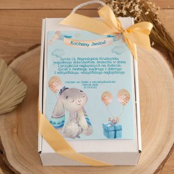 PREZENT na Baby Shower Z IMIENIEM gryzak i zawieszka BŁĘKIT