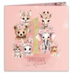 ZAPROSZENIA na Roczek dziewczynki Zwierzaki Safari różowe 10szt (+koperty)