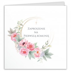 ZAPROSZENIA komunijne Piwonie na Komunię dziewczynki 10szt (+koperty)