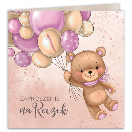 ZAPROSZENIA na Roczek dziewczynki Miś z balonikami róż 10szt (+koperty)