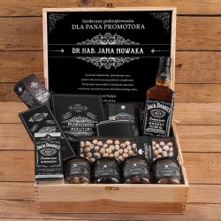 Oryginalny PREZENT dla Promotora w skrzyni Z PODPISEM z Jack Daniels, piersiówką i słodyczami